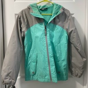 Girls XL Northface fleece lined, weatherproof jacket with hood.
